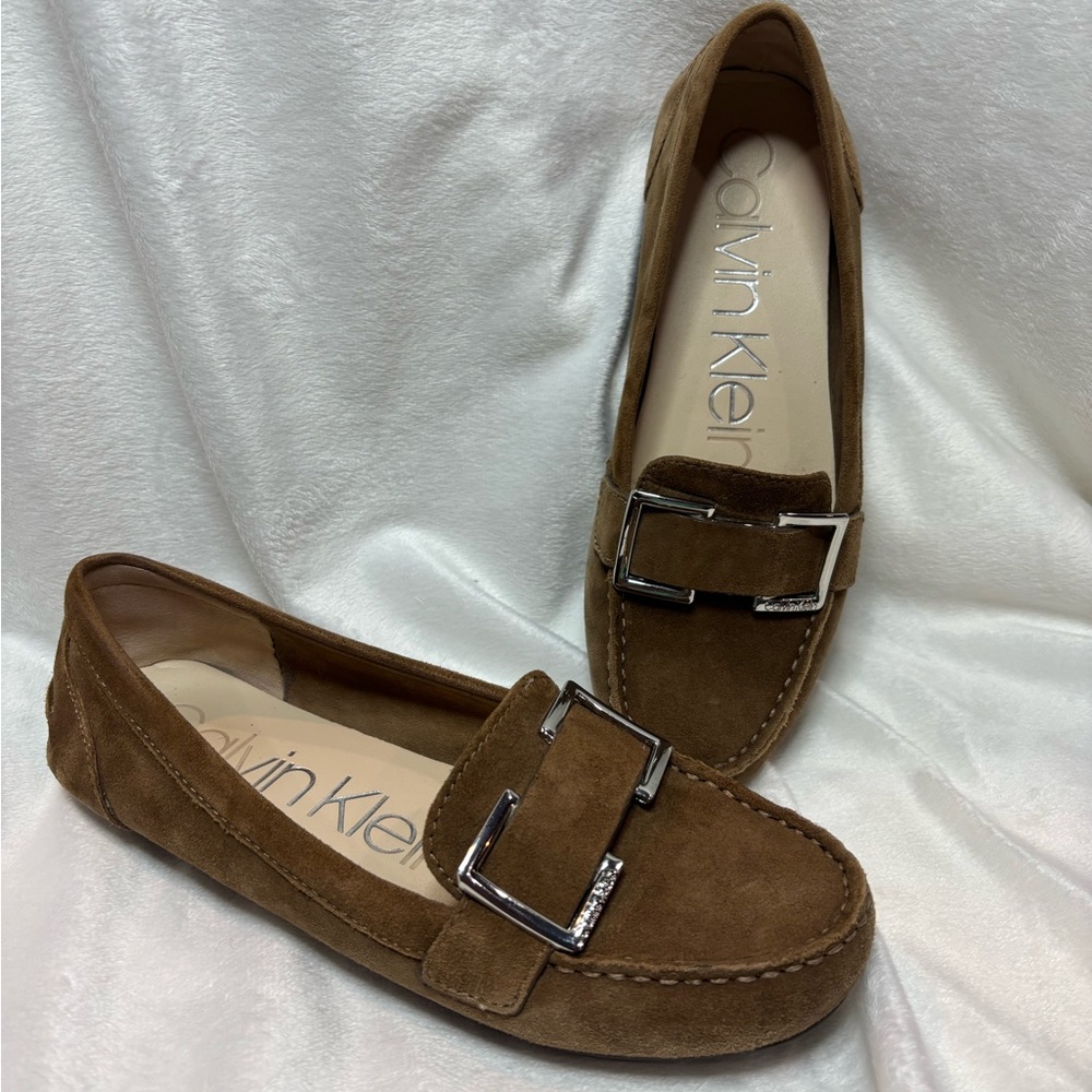 Calvin Klein Lydia Slip On Loafer Suede Driving Moccasin 6.5 Taupe Brown